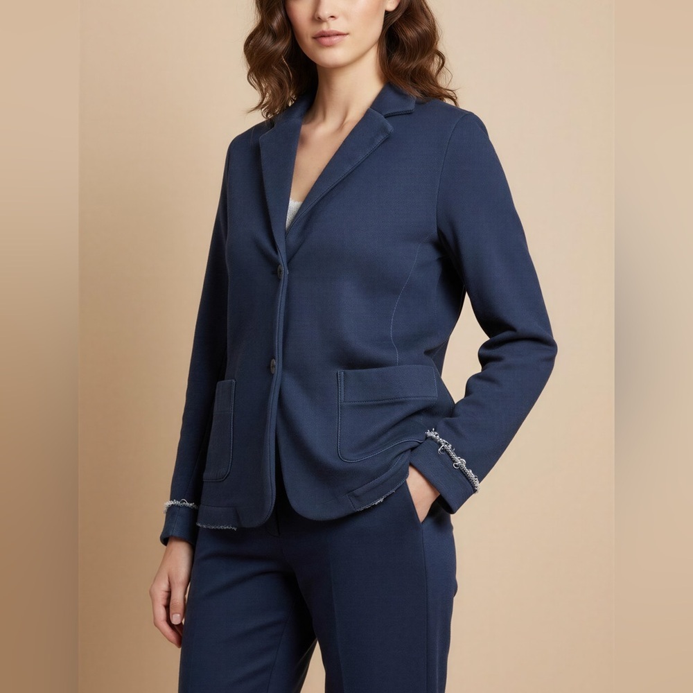 Lis Lareida Blazer Blue Distressed Hem Front Pockets. Soft 100% Cotton Medium